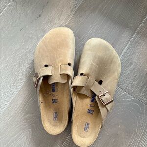 Birkenstock Boston Tan Suede Mules with Contoured Footbed